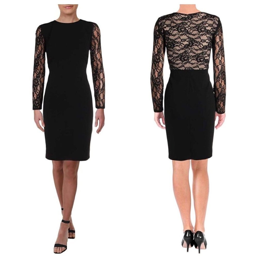 Lauren Ralph Lauren Cocktail Dress Keanu Lace Inset Long Sleeve Black